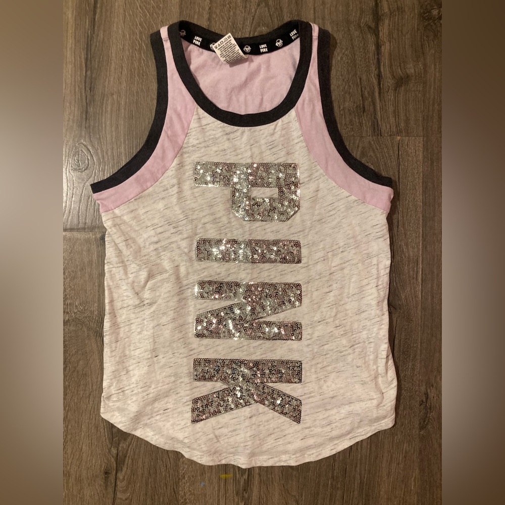 VS Pink Tank w/ sequin lettering size medium